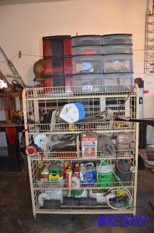 lot 184 image: Metal cart and 3 plastic bins. Contents are n...