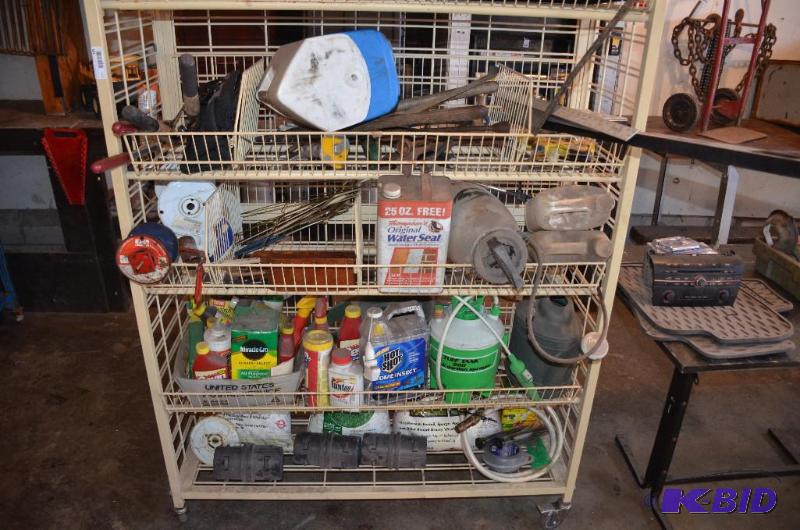 lot 185 image: Contents of shelf - tools, garden supplies...