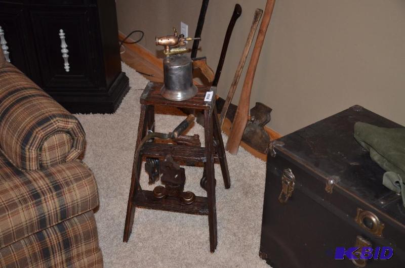 lot 21 image: Wood Step ladder with antique tools on ladder...