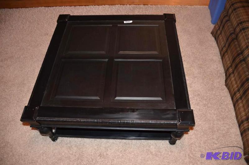 lot 24 image: Wood coffee table with glass top   ...