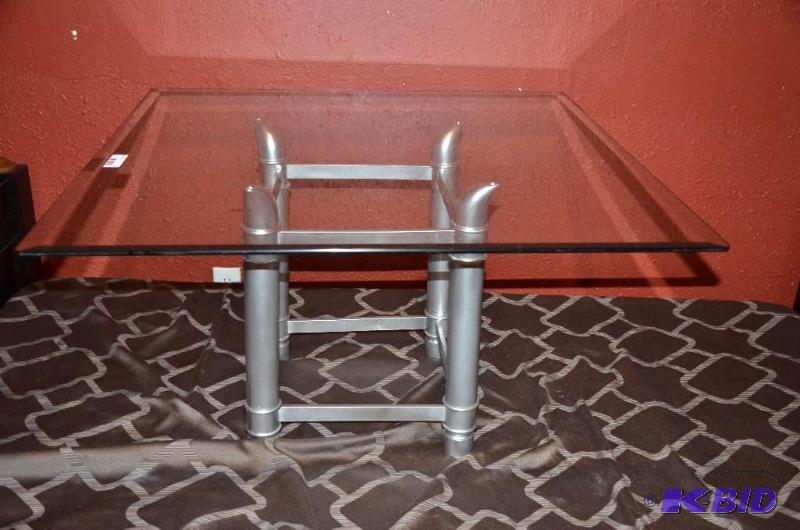 lot 5 image: Glass top table with metal base   36x20  ...