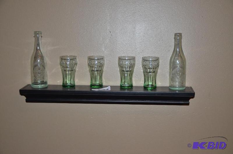 lot 73 image: Wood shelf with 4 Coca Cola glasses & 2 M...