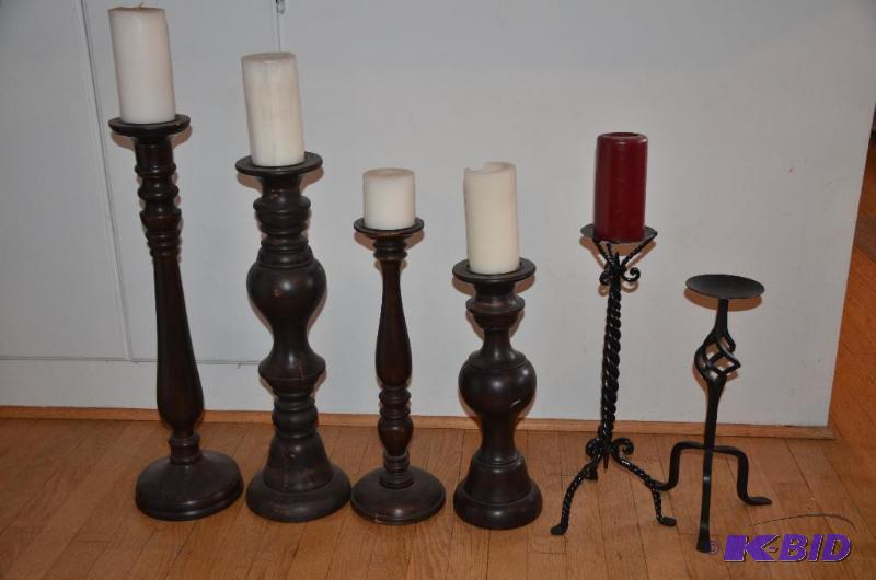 lot 77 image: 6 candle sticks - 4 wooden candle sticks and ...