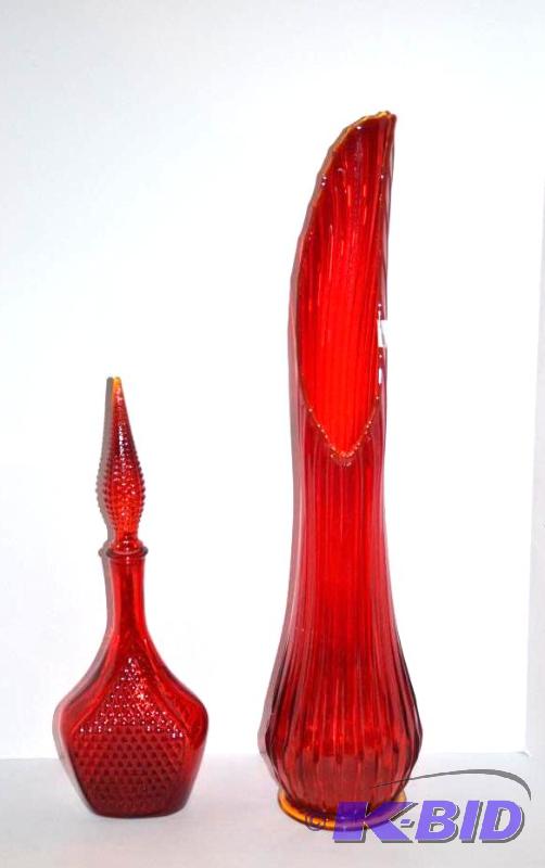 lot 8 image: Large red glass vase 28" tall & red ...