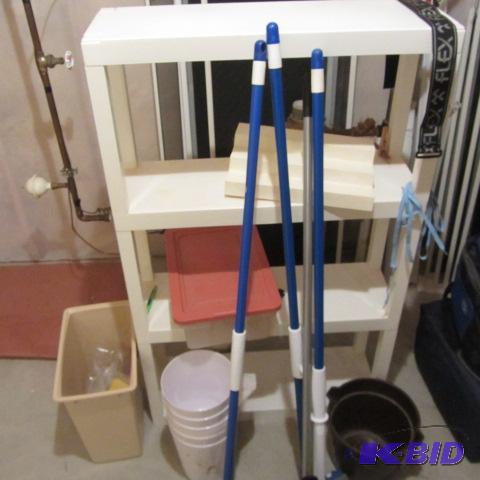 Plastic Shelf, Baskets, Mops