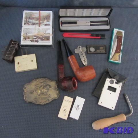 Playing Cards, Pipes, Belt Buckle