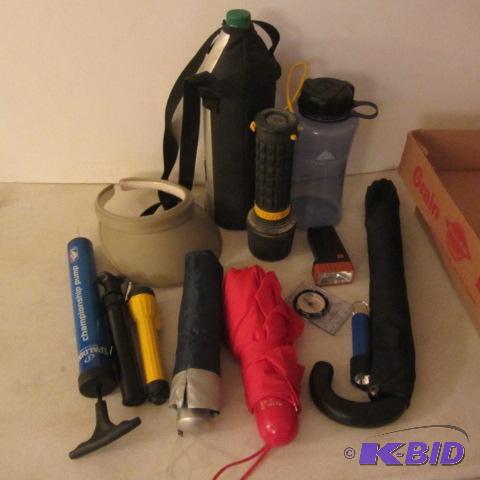 Umbrellas, Flashlights, Compass, Bottles