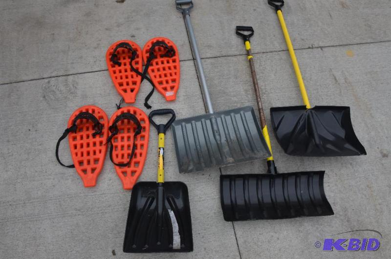 lot 186 image: tub of winter tools- 4 snow shoes 4 shovels...