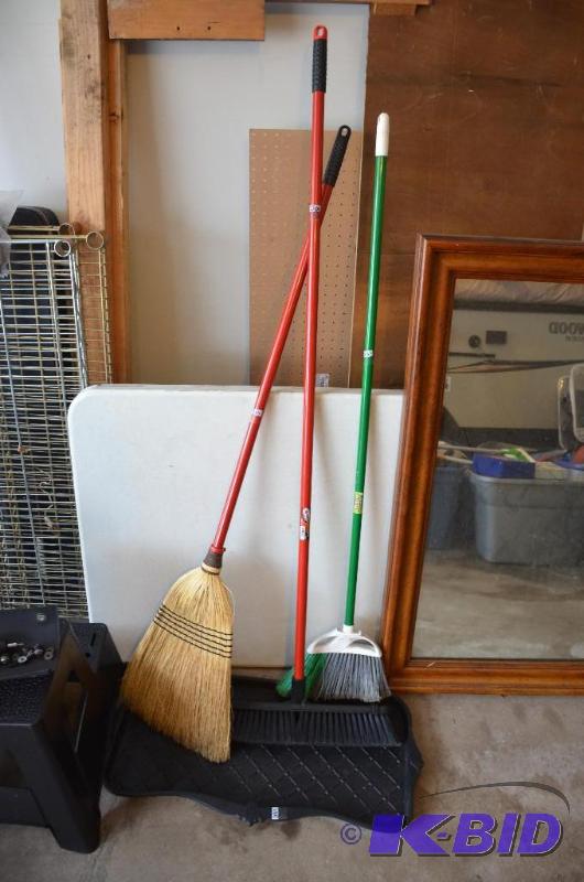 lot 201 image: 3 brooms and boot tray...