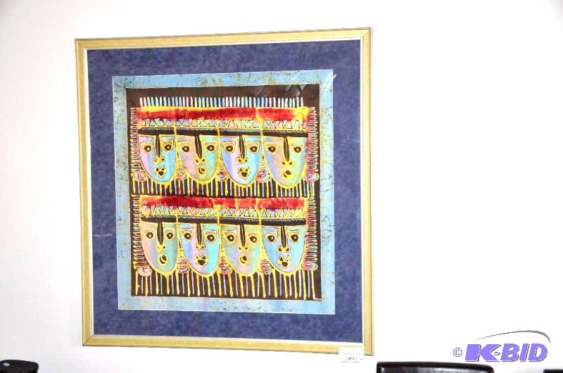 lot 30 image: Framed hand drawn and colored Batik fabric ma...