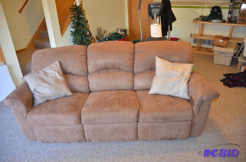 lot 60 image: Lazy-Boy Suede leather couch - both ends are ...