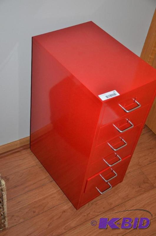 lot 63 image: Red metal storage cabinet. 11" x16"...