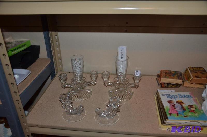lot 86 image: Glass etched candelabras. 2 small candelabras...
