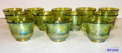 lot 1 image: 12 Piece Green Carnival Glass Punch Set - Gre...