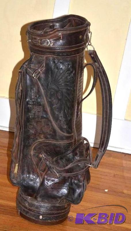 lot 80A image: Rare tooled leather golf bag, with designs of...