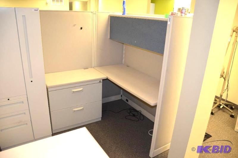lot 108 image: Cream Cubicle 3 sections with attached overhe...