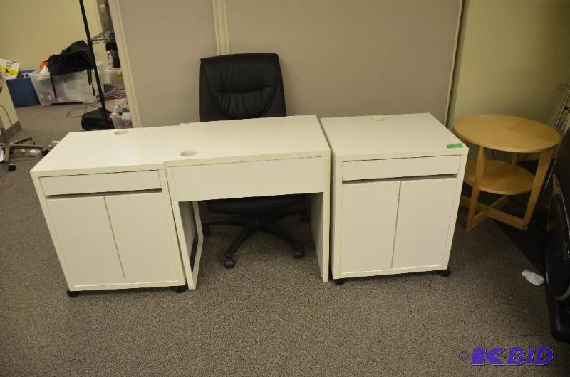 lot 147 image: White desk with rolling storage table & n...