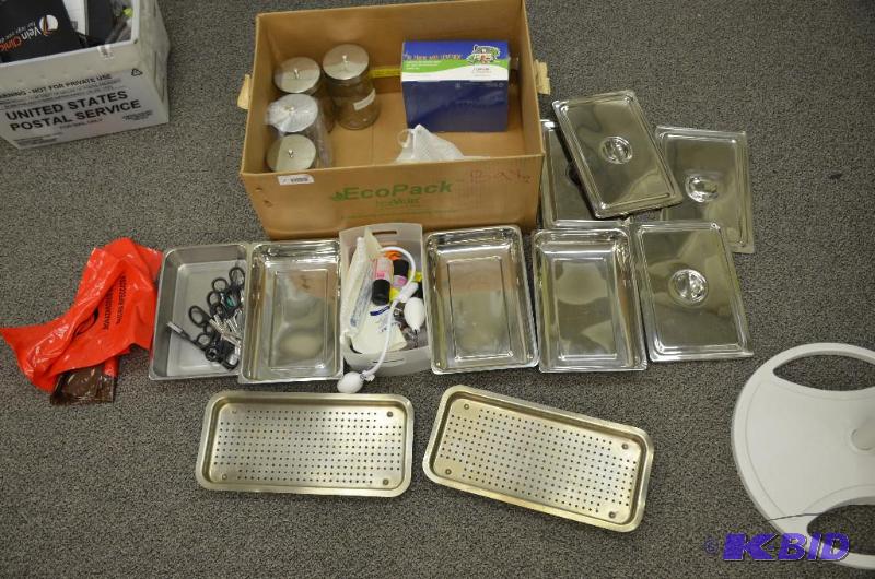 lot 196 image: Stainless steel trays, Glass medical containe...
