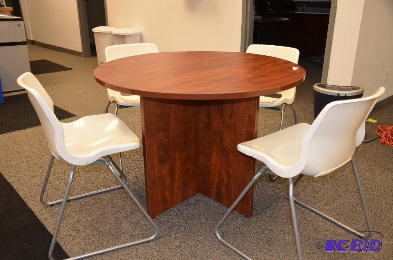 lot 1J image: Brown wooden table with 4 white, stack-able c...