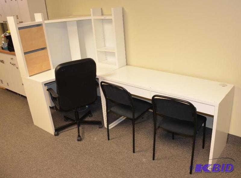 lot 25I image: White IKEA Micke Desk. 1123C.with 3 black cha...