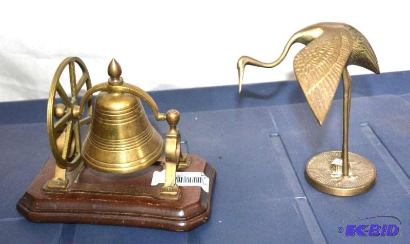 Brass bell on wood block 8x5x7 , brass crane ...