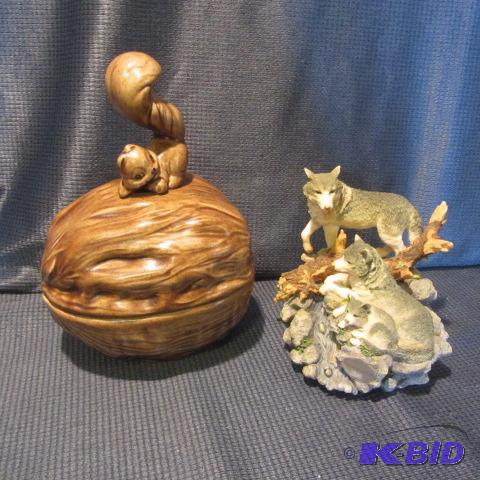 Wolf Sculpture Music Box, Squirrel Dish