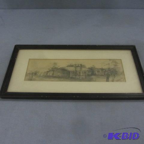 Antique Log Building Pencil Drawing