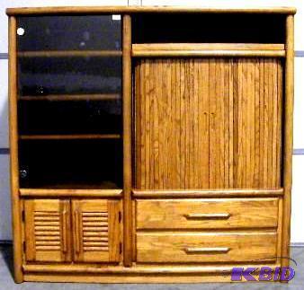 lot 103 image: Solid Oak Entertainment Center - Has 3 slide ...