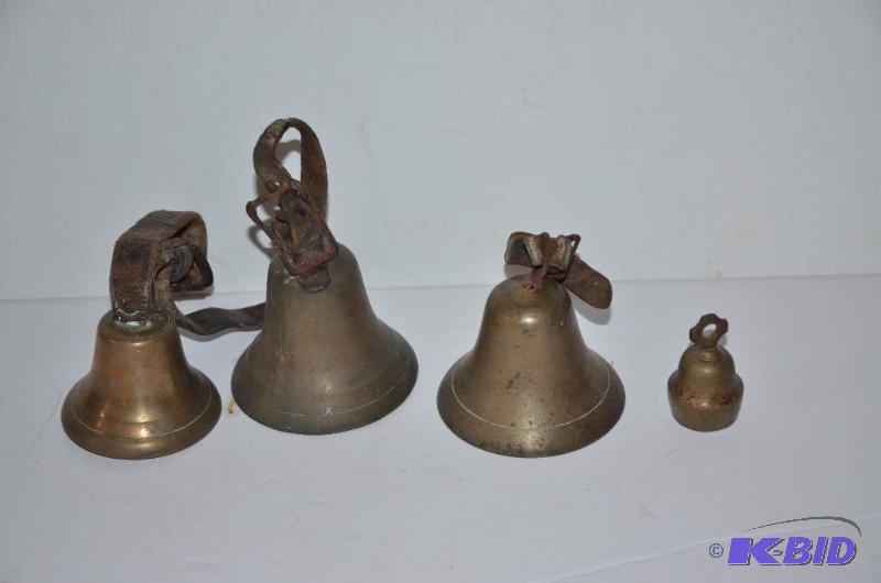 lot 159 image: 3 Antique Cowbells and collar 2 12", 3...