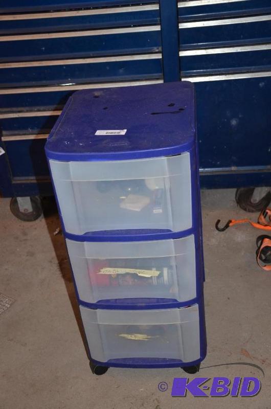 lot 193 image: Plastic Storage bin on wheels with misc. cans...