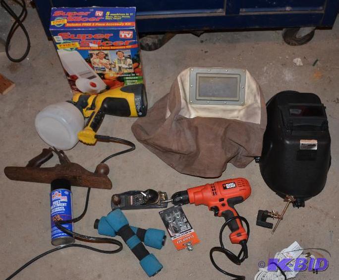 lot 96 image: Black and Decker Drill, Hard hat,Welding helm...