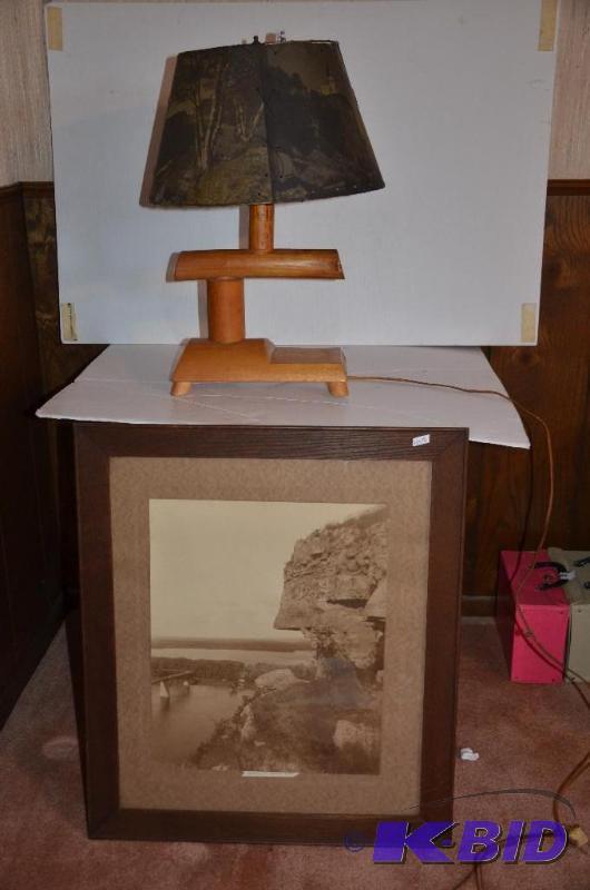 lot 164 image: Birchware Wooden Lamp with scenic shade....