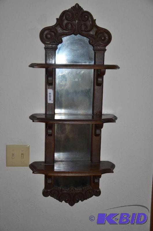 lot 18 image: Antique wood mirrored 3 tiered shelf 17x38...