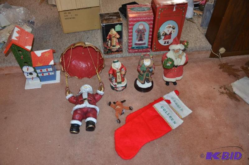 lot 187 image: Christmas decor - 2 music box Santas, parach...