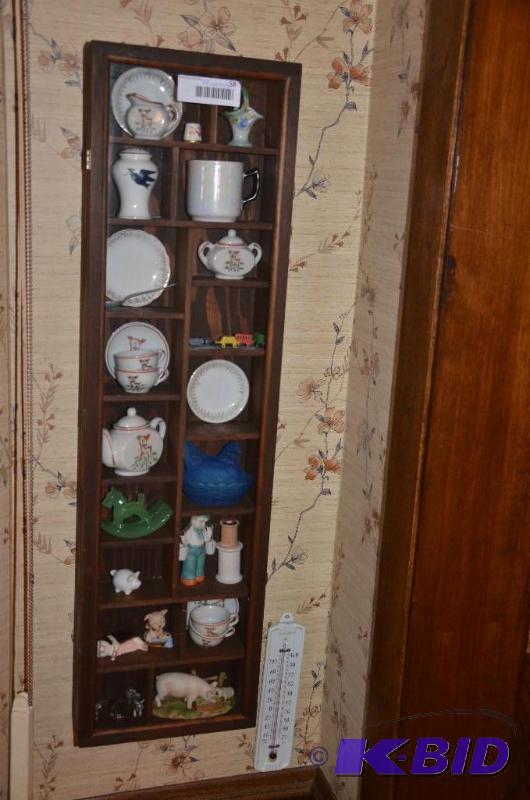 lot 58 image: Wood wall shelf with contents 31x4x9 bw...