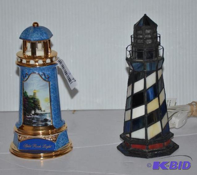 lot 77 image: Stain glass lighted light house 9" tall,...