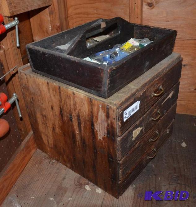 lot 83 image: Vintage wood tool box with 4 drawers 15x14x12...