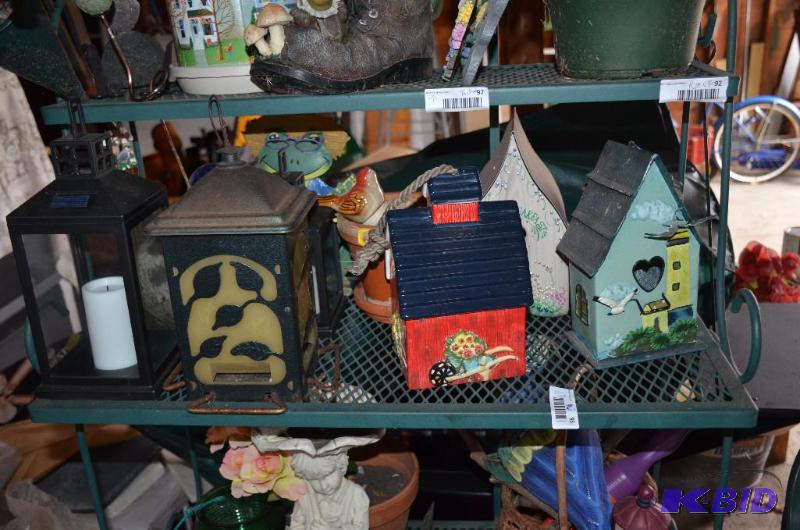 lot 93 image: contnets of shelf - bird houses, candles,...