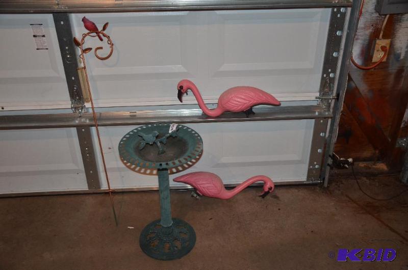 lot 99 image: Metal bird bath 21" tall with two pink f...