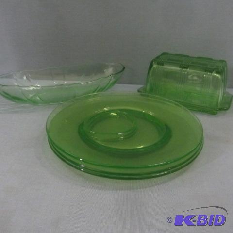 Green Depr Plates, Butter Dish