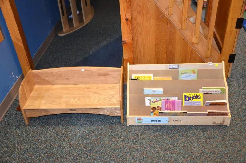 lot 100 image: Kaplan wood bench & book rack. Both 31&qu...