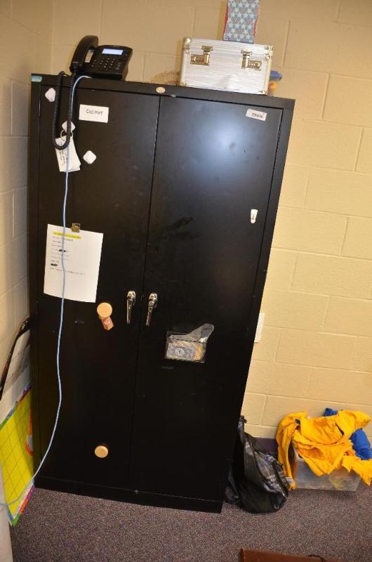 lot 77 image: Metal storage cabinet 36x18x70". Content...