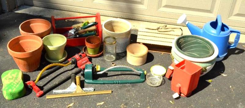 lot 101 image: Lot of outdoor and gardening tools 2 crocks(...