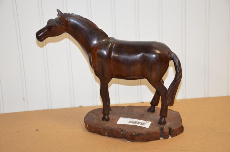 lot 112 image: Hand carved wood horse...