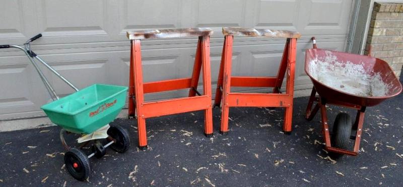 lot 128 image: 2 Iron Saw Horses wheelbarrow and a Red Dev...