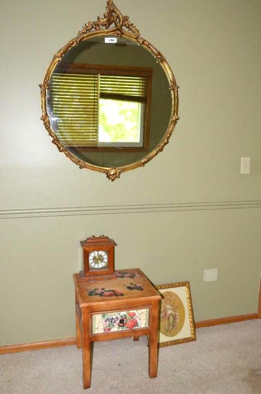lot 28 image: Mirror 32x39, antique painted bedside table 1...