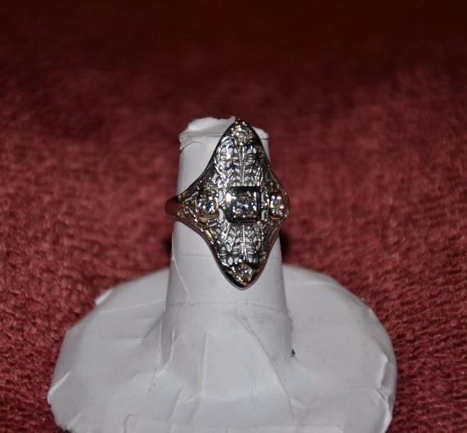 lot 2E image: Platinum or 18k gold and diamond antique ring...