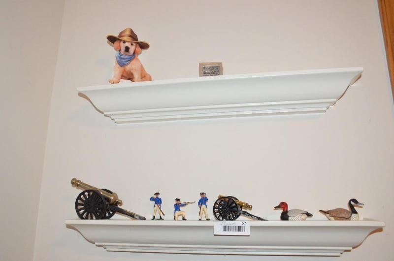 lot 57 image: 2 Wall shelves with contents- 3 mini British ...