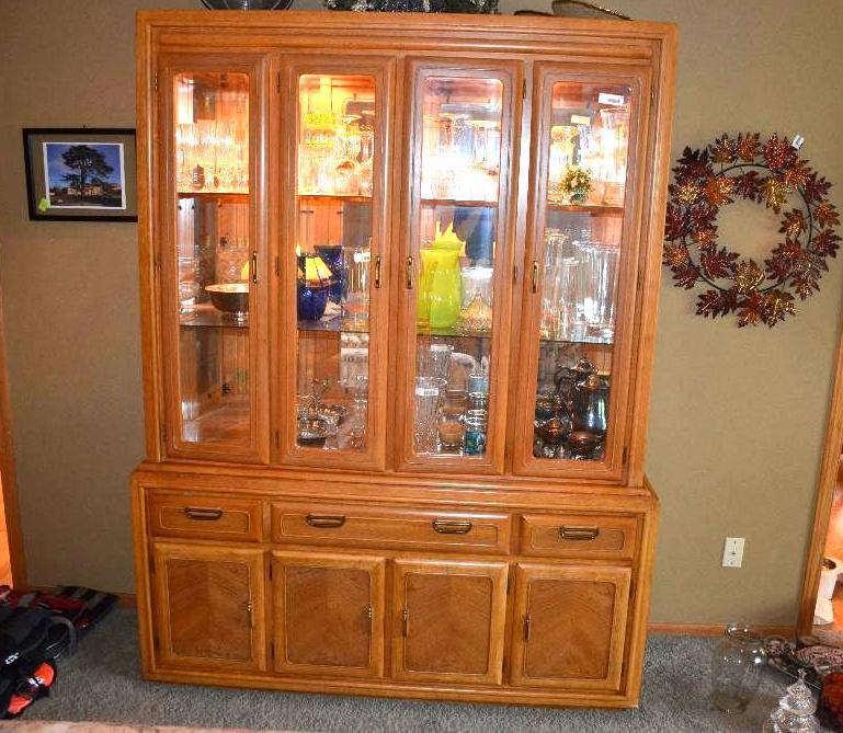 lot 157 image: 2 piece wood lighted display cabinet with mir...