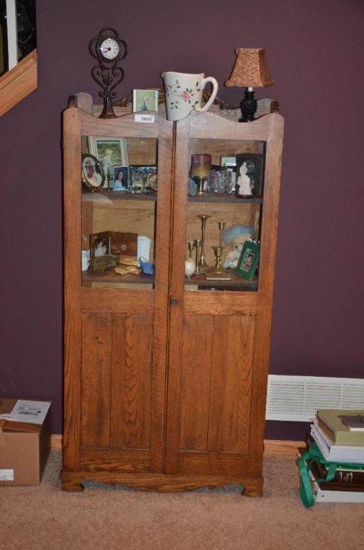 lot 196 image: Glass and wood antique cabinet  hutch 30x11x...